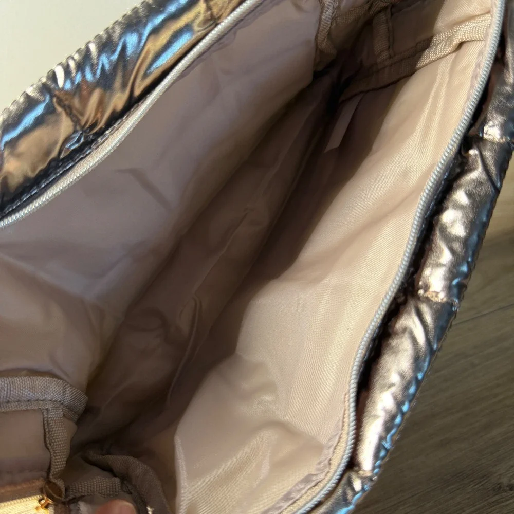 Sephora Metallic Bronze Pewter Quilted Puffer Makeup Bag Travel Case Organizer‎